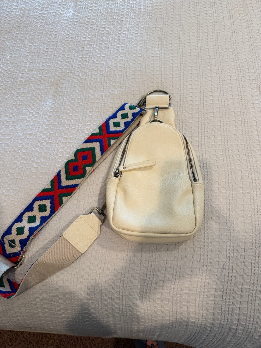 Anthropologie Cream Leather Crossbody with Colorful Woven Strap